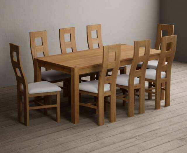 Thetford 180cm Solid Oak Dining Table with 8 Light Grey Natural Chairs