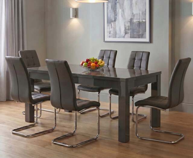 Extending Seattle Dark Grey Gloss 160-220cm Dining Table with 6 Grey Vigo Chairs