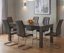 Extending Seattle Dark Grey Gloss 160-220cm Dining Table with 6 Grey Vigo Chairs