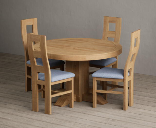 Extending Helmsley Solid Oak Pedestal Dining Table with 4 Blue Natural Chairs