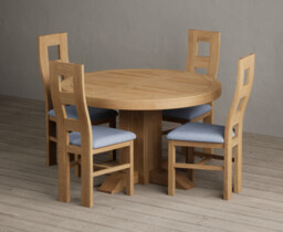 Extending Helmsley Solid Oak Pedestal Dining Table with 4 Blue Natural Chairs
