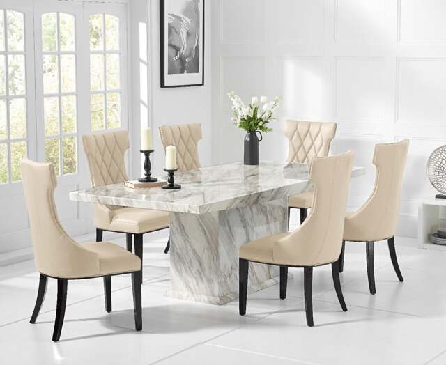 Marino 180cm Marble Dining Table with 8 Cream Sophia Chairs