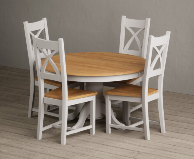 Hertford 120cm Fixed Top Oak and Soft White Painted Dining Table with 4 Charcoal Grey Painted Chairs