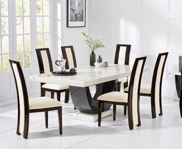 Novara 170cm White and Black Pedestal Marble Dining Table with 6 Brown Novara Chairs
