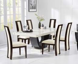 Novara 170cm White and Black Pedestal Marble Dining Table with 6 Brown Novara Chairs