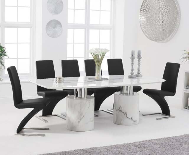 Antonio 220cm White Marble Dining Table with 6 Black Aldo Chairs