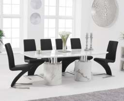 Antonio 220cm White Marble Dining Table with 6 Black Aldo Chairs