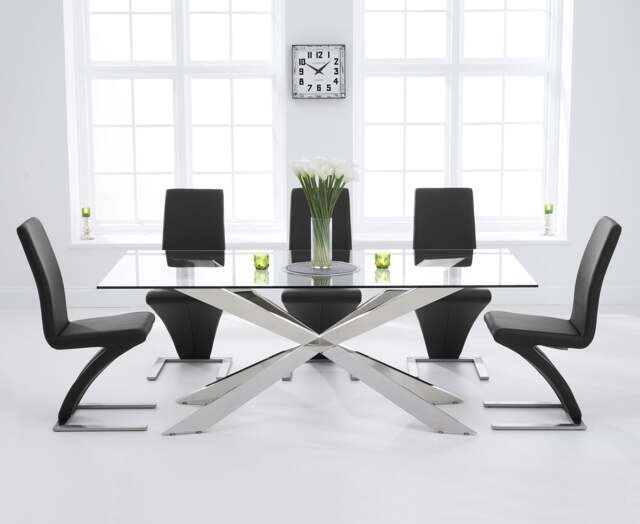 Canova 200cm Glass Dining Table with 6 Black Aldo Chairs