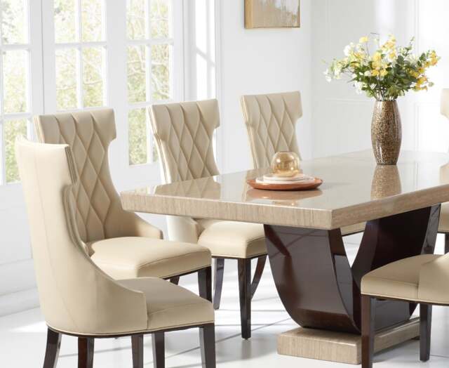 Novara 200cm Brown Pedestal Marble Dining Table with 6 Cream Sophia Chairs
