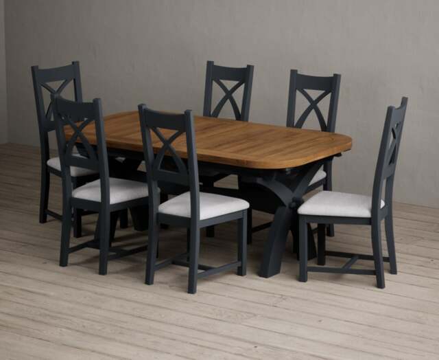 Extending Olympia 180cm Oak and Dark Blue Painted Dining Table with 6 Light Grey Painted Chairs