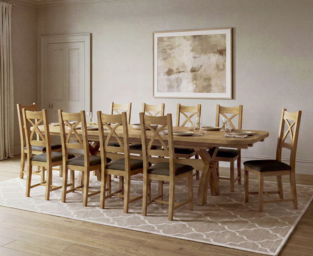 Extending Olympia 180cm Solid Oak Dining Table with 10 Charcoal Grey Natural Solid Oak Chairs