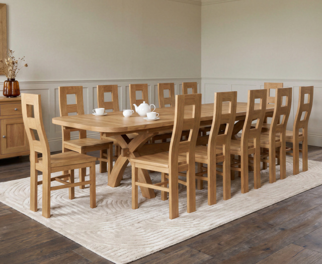 Extending Olympia 180cm Solid Oak Dining Table with 12 Oak Natural Chairs