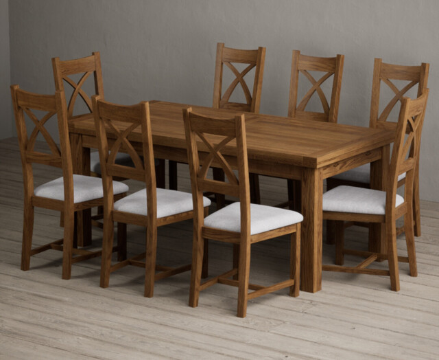 Extending Buxton 180cm Rustic Solid Oak Dining Table with 8 Light Grey Rustic Solid Oak Chairs
