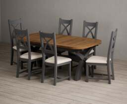Extending Olympia 180cm Oak and Charcoal Grey Dining Table with 6 Linen Painted Chairs