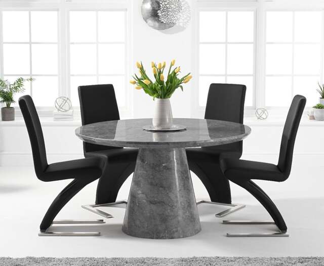 Ravello 130cm Round Grey Marble Dining Table with 6 Black Aldo Chairs