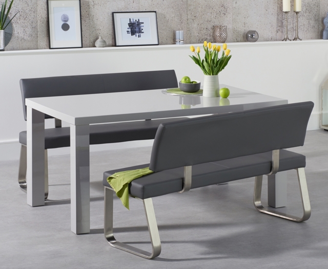 Seattle 160cm Light Grey High Gloss Dining Table and 2 Grey Benches