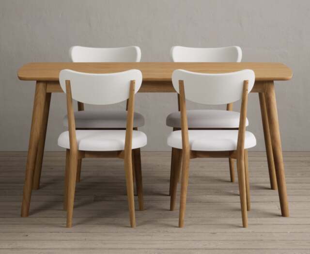 Nordic 150cm Solid Oak Dining Table with 4 White Nordic Chairs