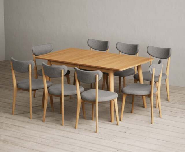 Extending Ruben 150cm Retro Oak Dining Table with 8 Grey Nordic Chairs