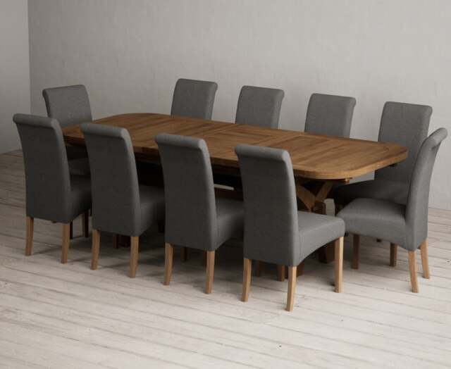 Extending Olympia 180cm Rustic Solid Oak Dining Table with 10 Charcoal Grey Scroll Back Chairs
