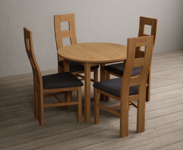 Extending York 90cm Solid Oak Dining Table with 2 Light Grey Natural Chairs