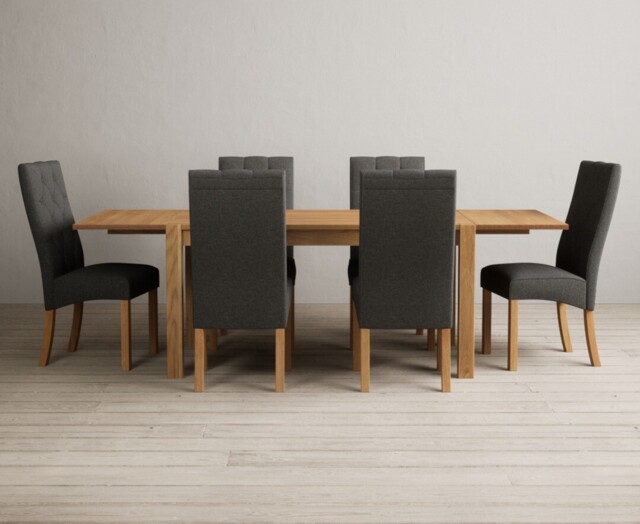 Thetford 150cm Oak Dining Table with Thetford 45cm Oak Extensions with 10 Grey Maya Chairs