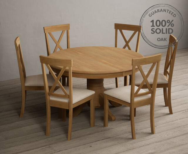 Hertford 120cm Fixed Top Solid Oak Round Pedestal Table with 6 Linen Hertford Chairs