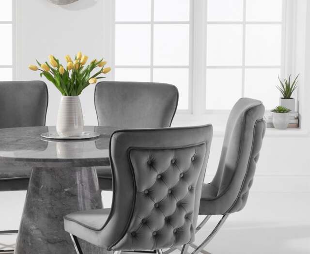 Ravello 130cm Round Grey Marble Dining Table with 4 Grey Lorenzo Chairs