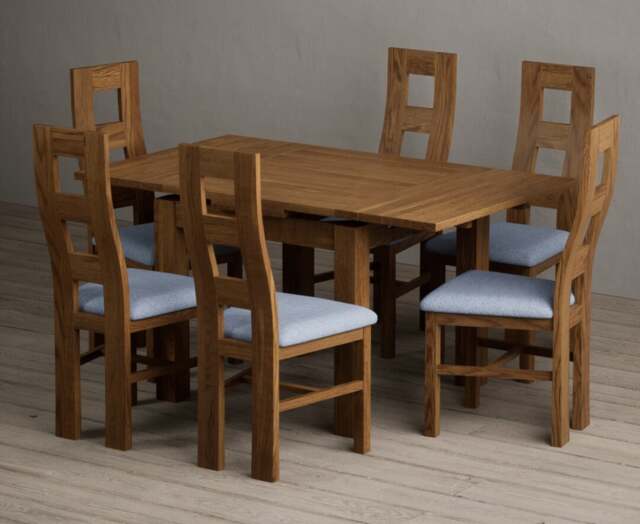 Extending Buxton 90cm Rustic Solid Oak Dining Table with 6 Blue Rustic Solid Oak Chairs
