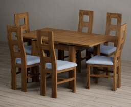 Extending Buxton 90cm Rustic Solid Oak Dining Table with 6 Blue Rustic Solid Oak Chairs