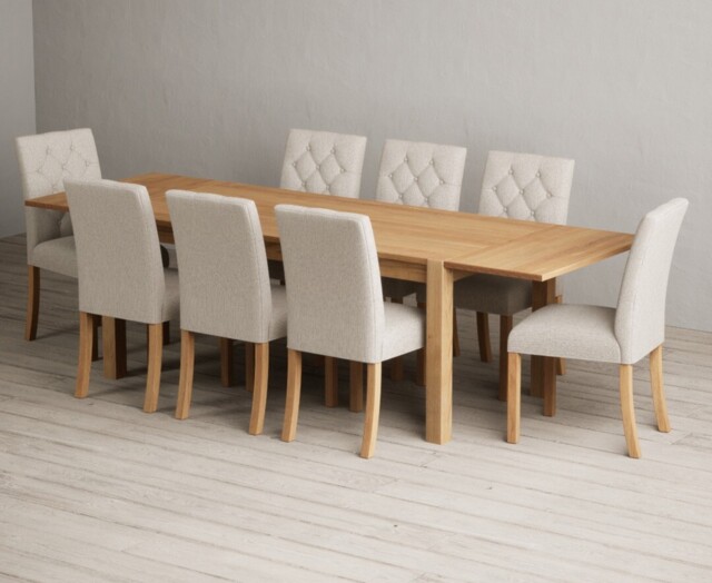 Thetford 180cm Oak Dining Table with 10 Grey Isabella Chairs with Thetford 45cm Oak Extensions