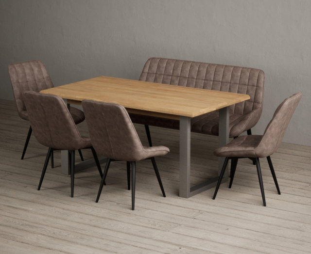 Parker 160cm Solid Oak Dining Table with 4 Brown Larson Chairs and 2 Brown Benches