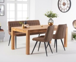 Extending Thetford 150cm Oak Table with 4 Brown Larson Chairs and 1 Brown Bench