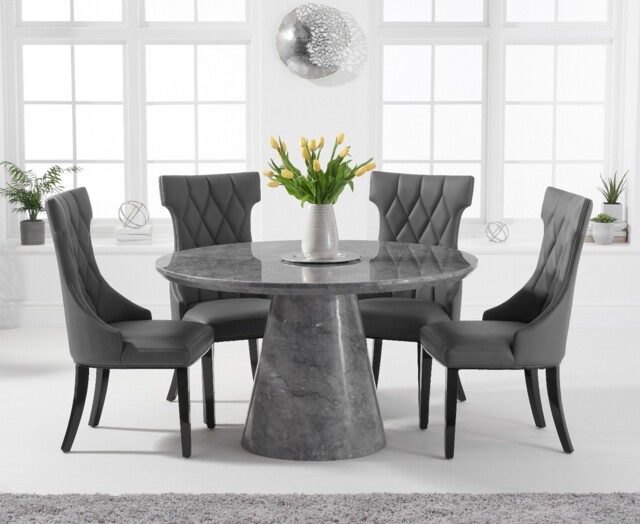 Ravello 130cm Round Grey Marble Dining Table with 4 Cream Sophia Chairs