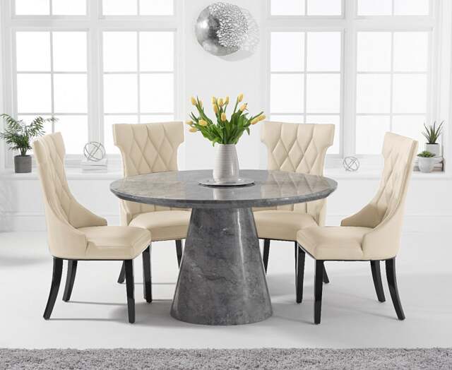 Ravello 130cm Round Grey Marble Dining Table with 4 Cream Sophia Chairs
