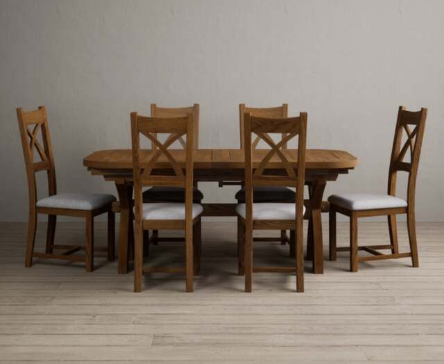 Extending Olympia 180cm Rustic Solid Oak Dining Table with 6 Light Grey Rustic Solid Oak Chairs