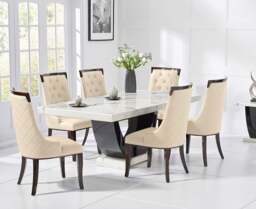 Novara 170cm White and Black Pedestal Marble Dining Table with 4 Cream Francesca Chairs