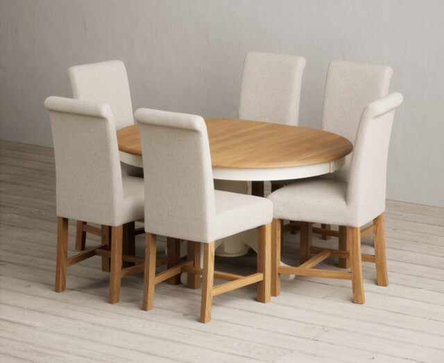 Extending Hertford 100cm - 130cm Oak and Cream Painted Pedestal Dining Table with 4 Natural Braced Chairs
