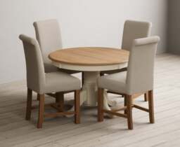 Extending Hertford 100cm - 130cm Oak and Cream Painted Pedestal Dining Table with 4 Natural Braced Chairs
