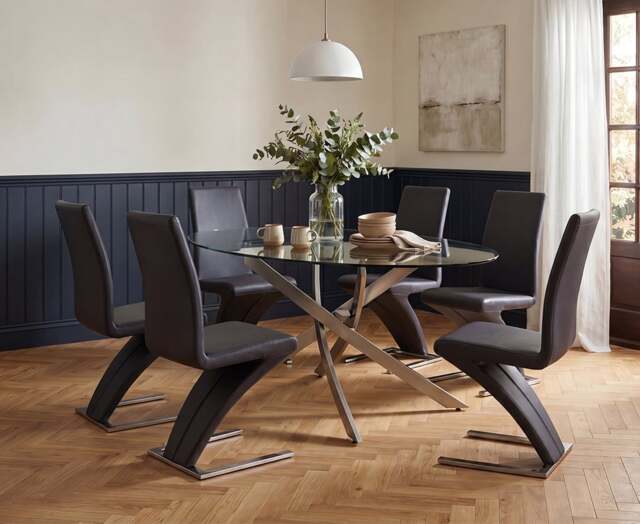 Bernini 165cm Oval Chrome Leg Glass Dining Table with 6 Black Aldo Chairs