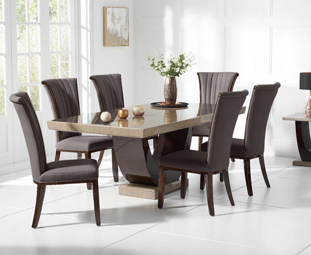 Novara 170cm Brown Pedestal Marble Dining Table with 4 Brown Lorient Chairs