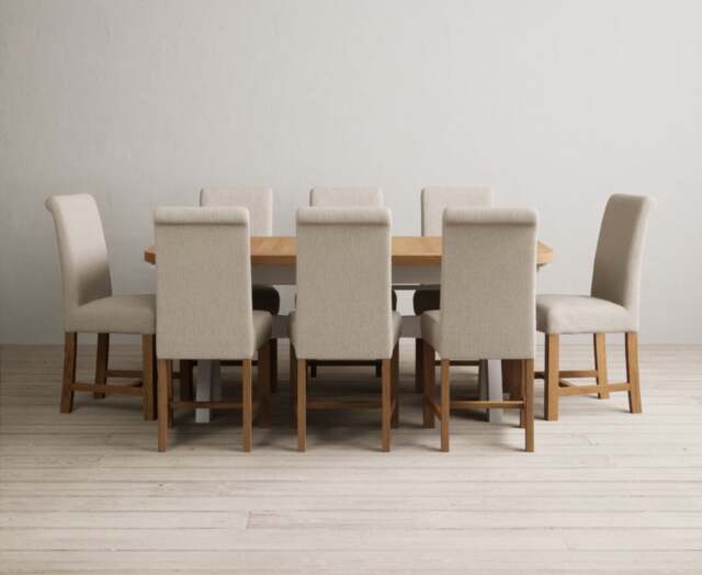 Extending Olympia 180cm Oak and Soft White Painted Dining Table with 8 Natural Braced Chairs