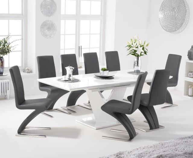Extending Vittorio 160cm White High Gloss Dining Table with 4 Grey Aldo Chairs