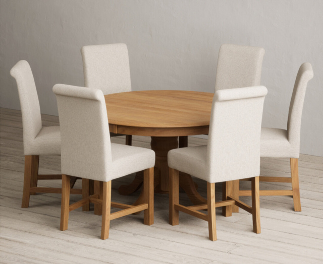Hertford 120cm Fixed Top Solid Oak Round Pedestal Table with 4 Natural Braced Chairs