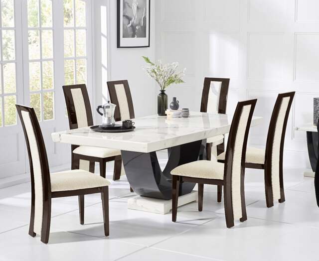 Novara 200cm White and Black Pedestal Marble Dining Table with 12 Brown Novara Chairs