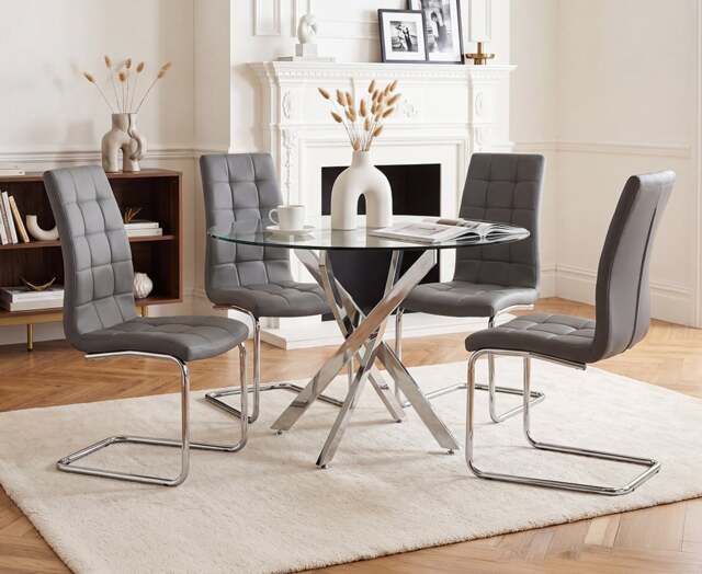 Bernini 110cm Glass Dining Table with 4 Grey Vigo Chairs