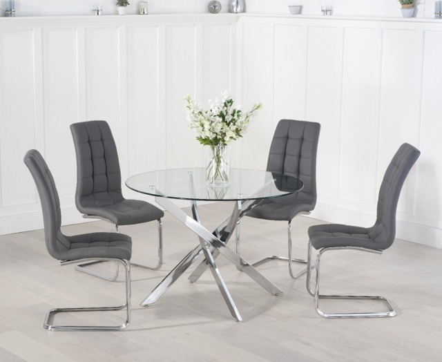Bernini 110cm Glass Dining Table with 4 Grey Vigo Chairs