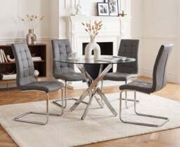 Bernini 110cm Glass Dining Table with 4 Grey Vigo Chairs