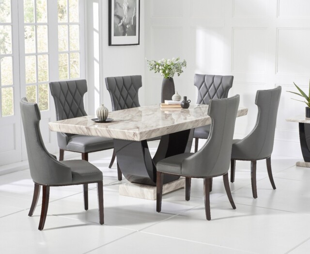 Novara 170cm Cream and Black Pedestal Marble Dining Table with 6 Grey Sophia Chairs