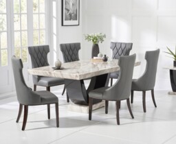 Novara 170cm Cream and Black Pedestal Marble Dining Table with 6 Grey Sophia Chairs