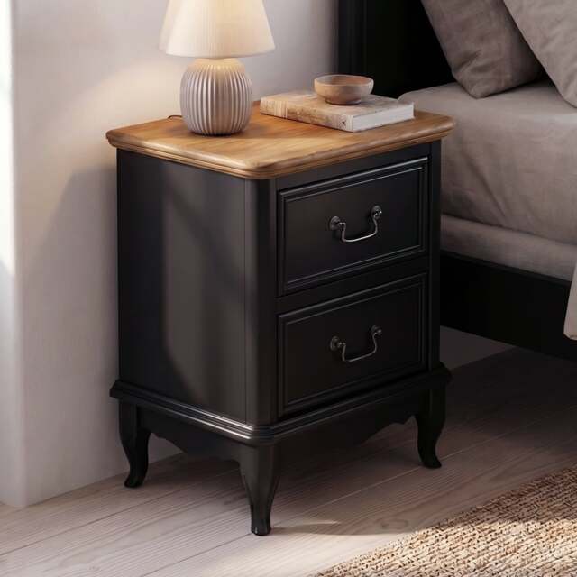 Chateau Noir Oak and Black Painted 2 Drawer Bedside Table